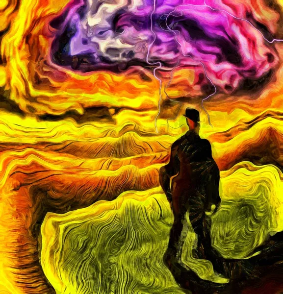 Сюрреалистичная Картина Человек Костюме Кепке Стоит Зеленом Поле Бушующие Тучи — стоковое фото