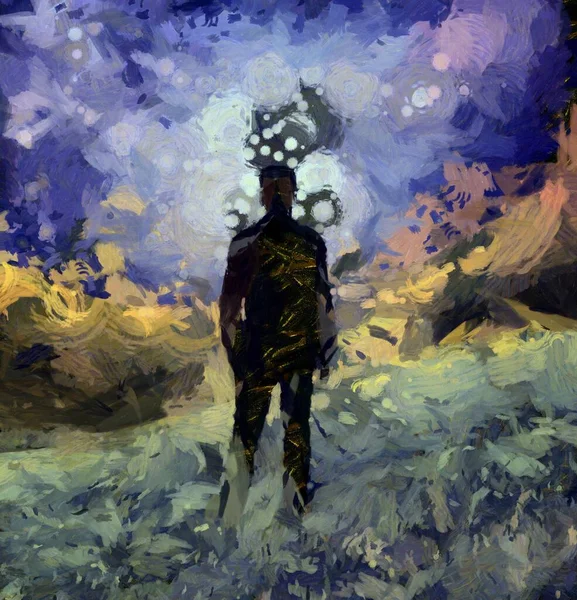 Surreal painting. Man in suit stands in field.