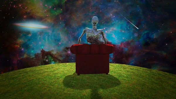 Surrealistyczna Kompozycja Zardzewiały Obcy Siedzi Czerwonym Fotelu Obserwuje Żywy Wszechświat — Zdjęcie stockowe