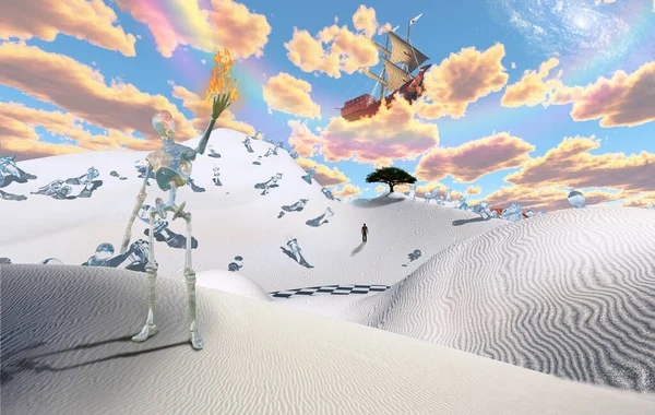 Deserto Surreale Con Figure Scacchistiche Antica Nave Nel Cielo Alien — Foto Stock