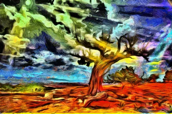 Pittura Astratta Vecchio Albero Sorge Terreno Roccioso — Foto Stock