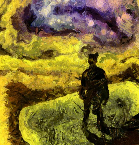 Surreal painting. Man in suit and bowler hat stands in green field. Stormy clouds at the horizon.