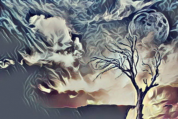 Abstraktní Malba Osamělý Strom Úplněk Zamračené Obloze Akvarel — Stock fotografie
