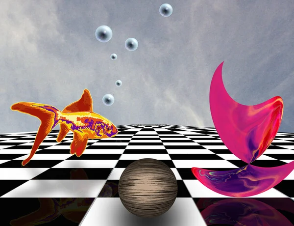 Een Surrealistische Compositie Roze Stof Schaakbord Bol Goudvis — Stockfoto