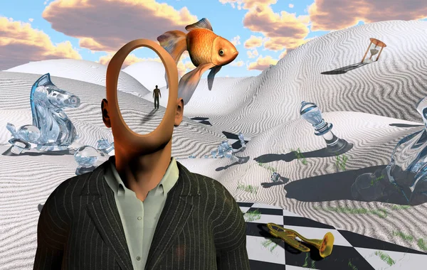 Surrealistische Woestijn Met Schaakfiguren Zandloper Trompet Gezichtloze Man Pak Een — Stockfoto