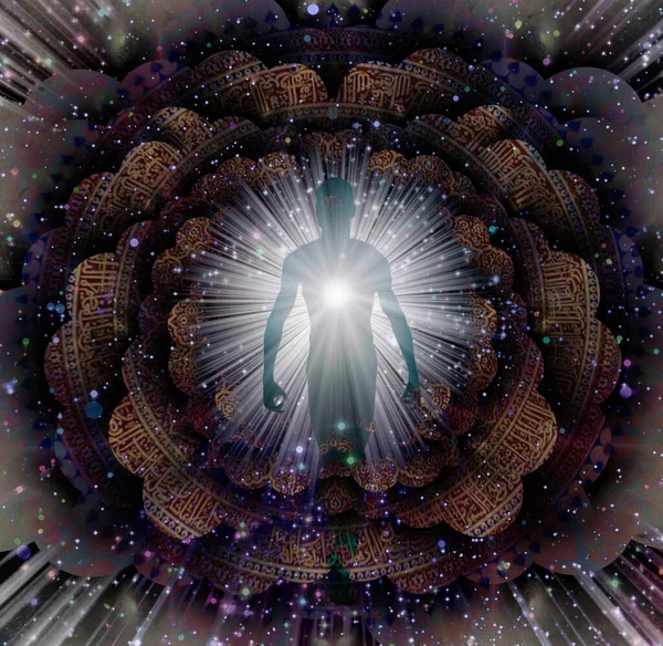 Glänsande Aura Och Ljusstrålar Mandala Rendering — Stockfoto