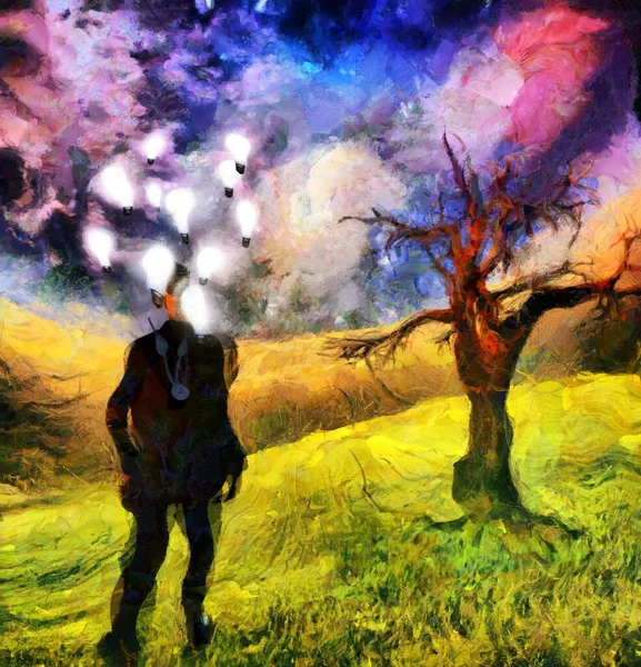 複雑な超現実的な絵画 スーツを着た男と頭の周りに電球が付いているボウラーの帽子は緑のフィールドに立っています 古い木とカラフルな銀河 — ストック写真