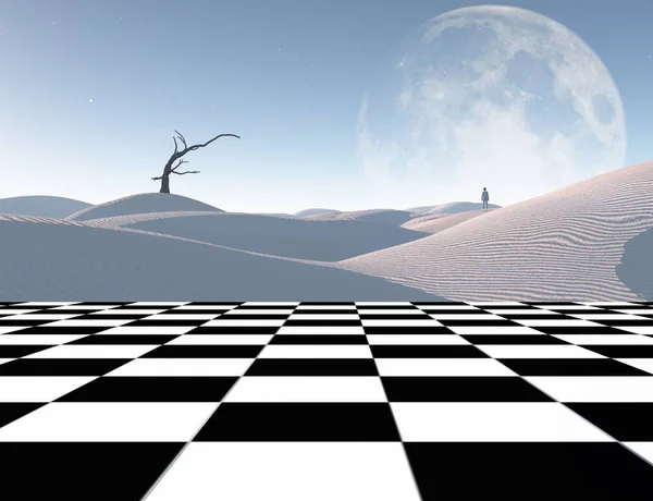 Surrealism Lonely Traveler White Sands Dune Chess Board Rendering — Stock Photo, Image