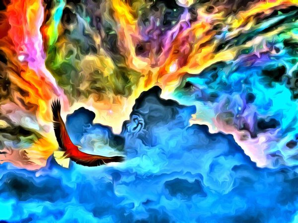 Surreal painting. Eagle flies in vivid clouds.