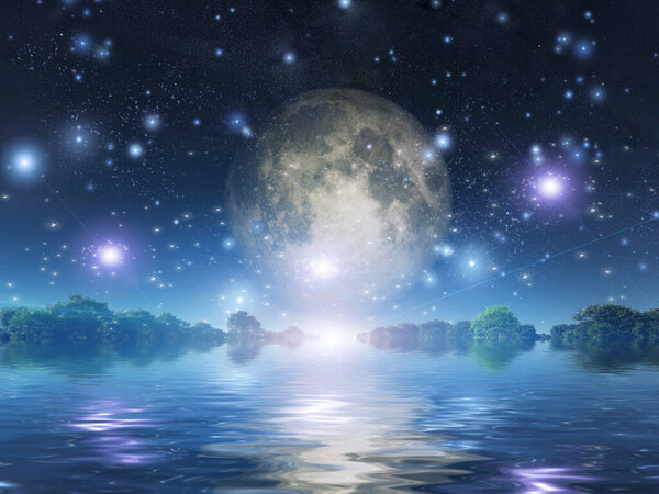 Surrealism. Giant moon over the water surface and green forest.
