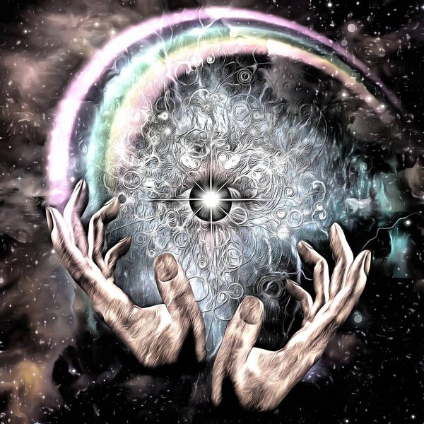 Surreal painting. Eye of God in the universe. Hands of prayer.