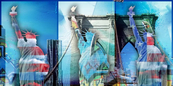 Art Numérique Surréaliste Pont Manhattan Statue Liberty Sur Paysage Urbain — Photo