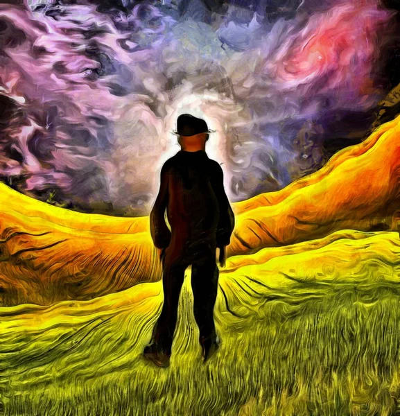Surreale Malerei Mann Anzug Steht Auf Feld — Stockfoto
