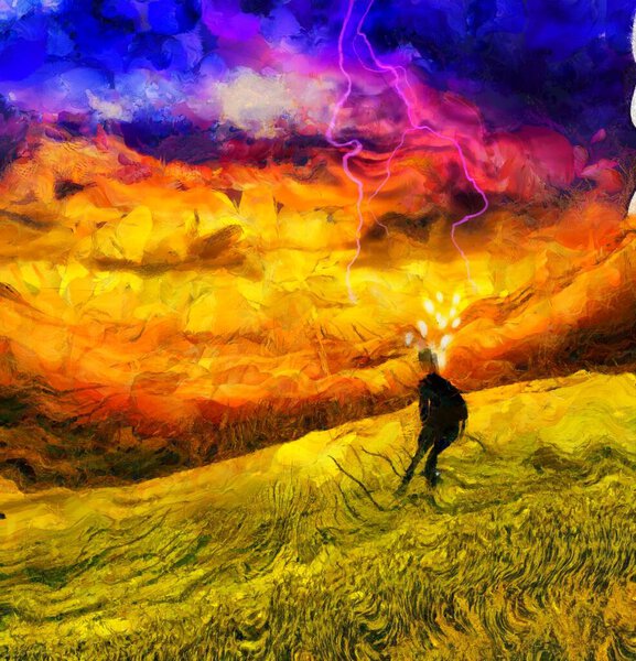 Surreal painting. Businessman stands in field, light bulbs around his head symbolizes ideas.
