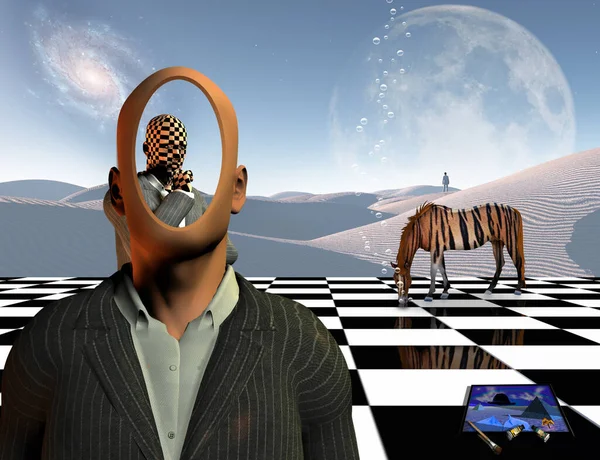 Surrealism Faceless Businessman Another Thinking Businessman Him Stands Chessboard Lonely — Fotografia de Stock