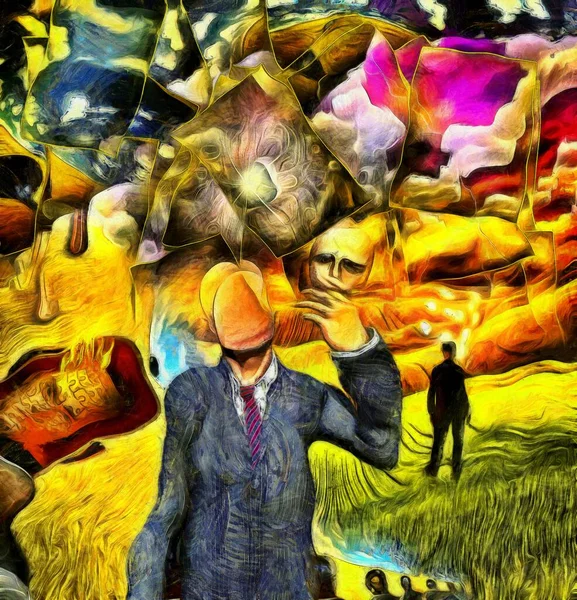 Complex surreal painting. Faceless man in suit holds mask in his hand. Another man in suit and bawler hat stands in green field, lightbulbs around his head synbolizes ideas. Overlapping dimensional layers. Eye of God in the space.