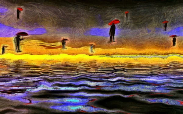 Σουρεαλιστικός Πίνακας Άνδρες Πετούν Κόκκινες Ομπρέλες — Φωτογραφία Αρχείου