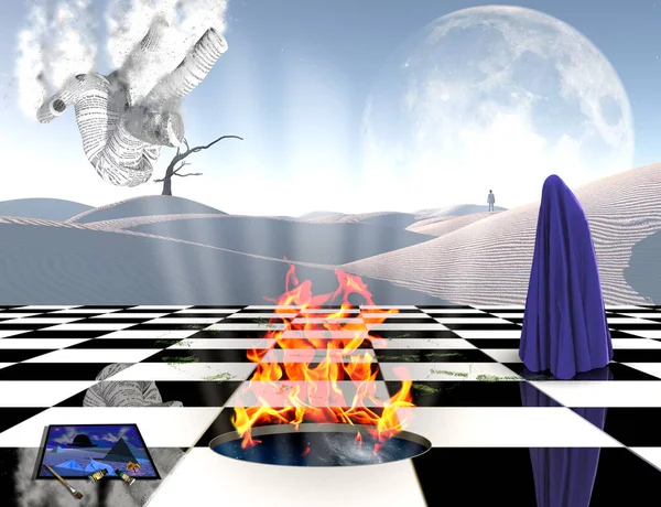 Surrealism Chessboard Burning Portal Another Dimension Lonely Man Distance Figure — Stok fotoğraf