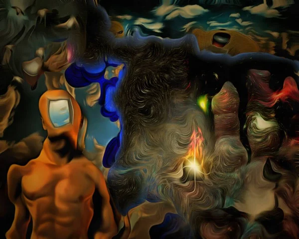 Complex Surrealistisch Schilderij Naakte Man Met Open Deur Naar Een — Stockfoto