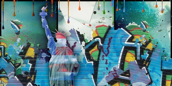 Art Moderne Statue Liberté Aux Couleurs Nationales Graffiti Fond — Photo