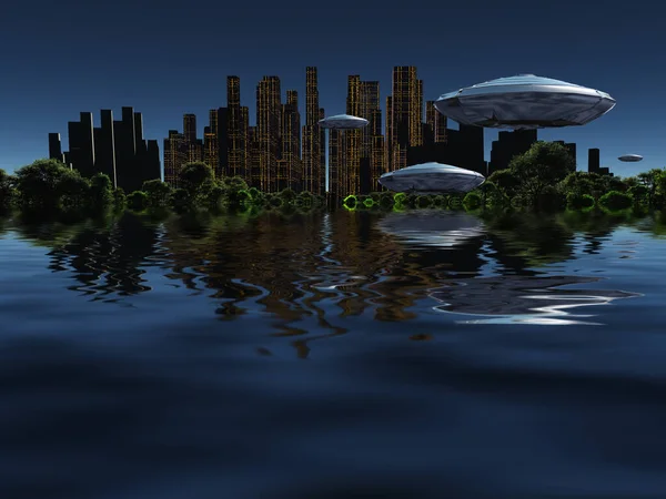太陽系外惑星 海の緑の森に囲まれた未来の街 空の宇宙船 — ストック写真