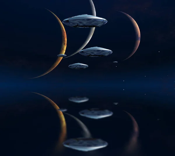 Surrealism Flying Saucers Three Planets Reflections — Stock Photo, Image