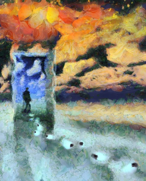 Сюрреалистичная Картина Человек Стоит Дверях Которые Ведут Другой Мир Лампочки — стоковое фото