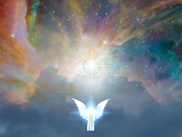Сюрреализм Белый Ангел Стоит Перед Божьим Глазом Красочной Вселенной — стоковое фото