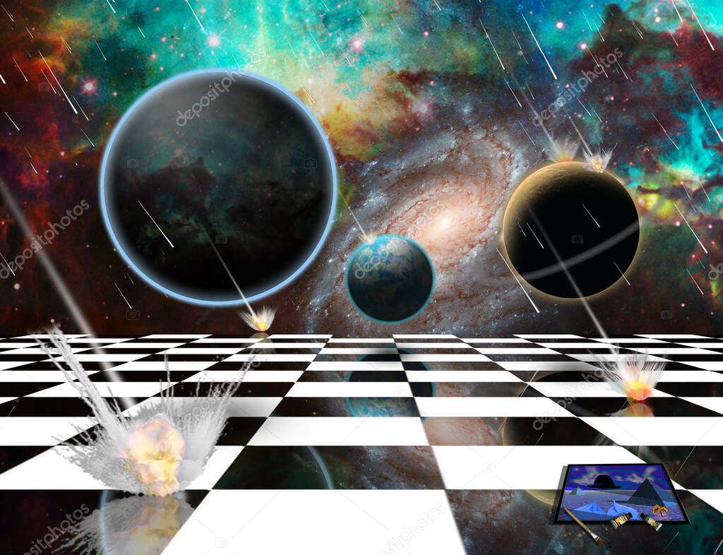 Surreal composition. Armageddon. Asteroids destroy planets. Chessboard in the Universe. Easel brushes and paints. 3D rendering