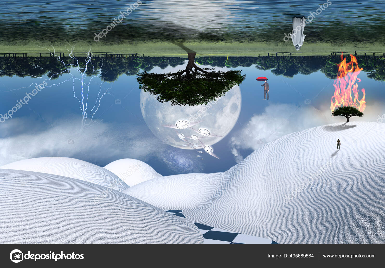 Нереальная Белая Пустыня Горящее Зеленое Дерево Песчаной Дюне.