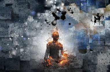 Soyut bulutlar. Kelimeler. Lotus pozunda yanan adam. Derisinde labirent deseni var.. 