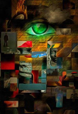 Karmaşık sürreal resim. Kare elemanlar. Yeşil göz. Erkeklerin kafalarında farklı düşünceler.