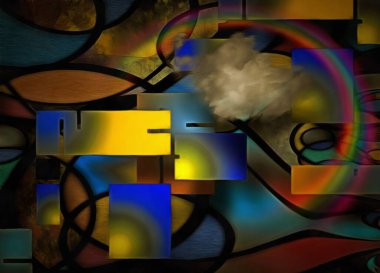 Soyut resim. Eğimli renkli bloklar. Gökkuşağı ve bulutlar.