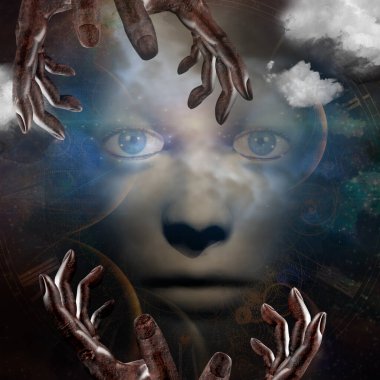 Elleri ve evren geçmişi olan insan yüzü.