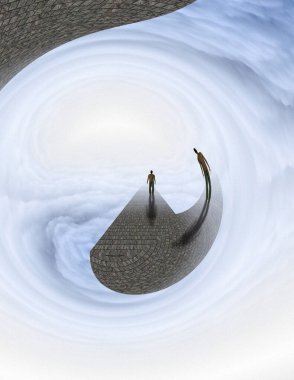 Surreal painting. Figure of man on stone's road to another world. clipart