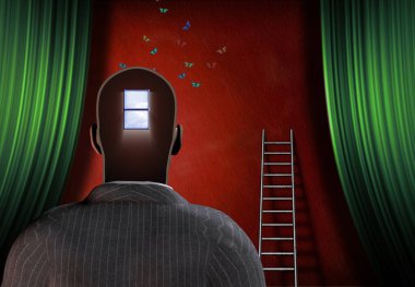 Kafasında pencere var. Gerçeküstü sanat. 3B görüntüleme