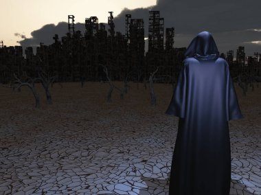 Yok olmuş şehirden önce bir gezgin. 3B görüntüleme