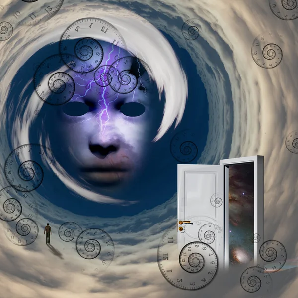 Weiße Tür Gottes Angesicht Mann Der Auf Einer Wolke Wandelt — Stockfoto