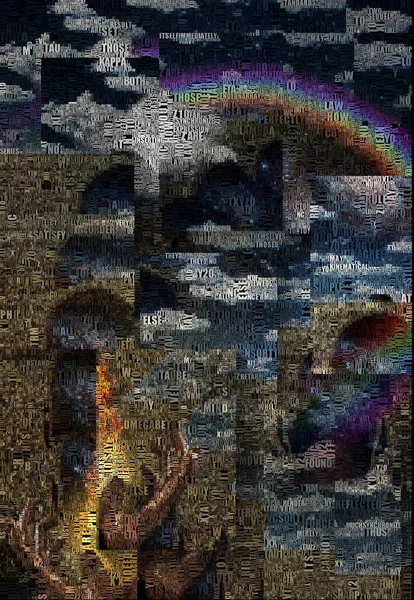 複雑な超現実芸術 人間の手に炎を 曇り空の虹 頭に銀河系の男 — ストック写真