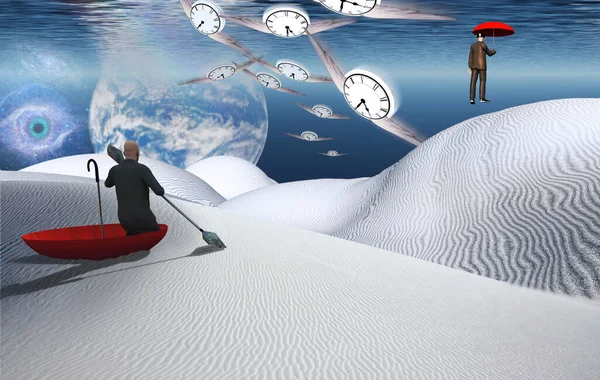 Surrealistyczny Obraz Człowiek Czerwonym Parasolu Unoszący Się Białej Pustyni Inny — Zdjęcie stockowe
