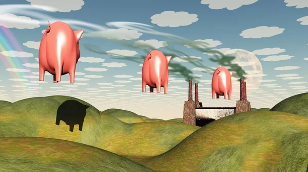 Schwein Und Dollarsymbol Rauchen Aus Fabrik — Stockfoto