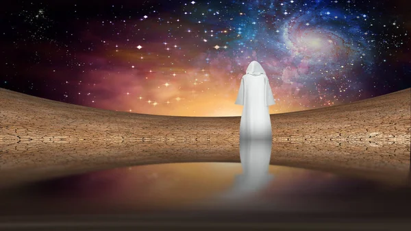 Desert Galactic Sky Wandering Cloaked Figure — Stock Photo, Image