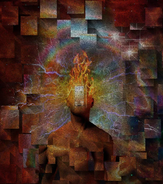 Surreal Painting Burning Head Opened Door Instead Face — Stock Photo, Image