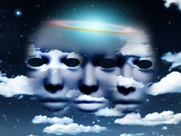 Τρεις Μάσκες Στον Συννεφιασμένο Ουρανό Γαλαξιακός Δίσκος — Φωτογραφία Αρχείου