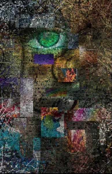Złożony Surrealistyczny Obraz Zielone Oko Płonąca Głowa Kwadratowe Elementy Słowa — Zdjęcie stockowe