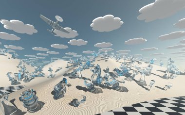 Satranç tahtası üzerinde uçan tek motorlu uçak.