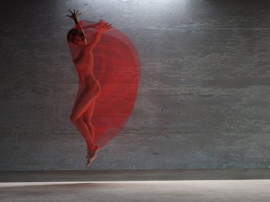 Şeffaf kumaşlı aksiyon kızı. 3B görüntüleme