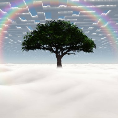 Bulutların üzerinde yeşil bir ağaç. 3B görüntüleme