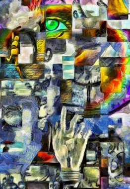 Zaman unsurlu soyut, insan gözü, satranç unsurları, insan el lambası. 3B görüntüleme