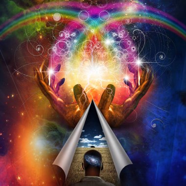 Galaksi zihni ve hareketli elleri olan adam.